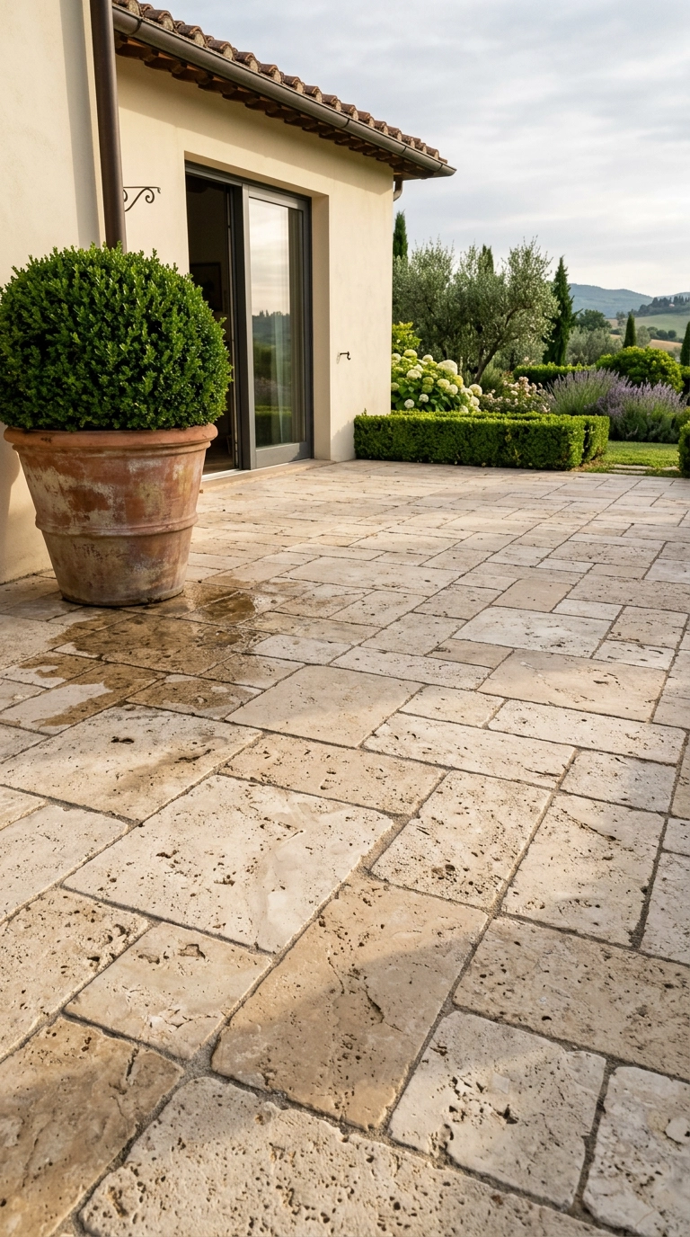 Tumbled travertine terrace in a mixed-size pattern with a boxwood in a terracotta pot