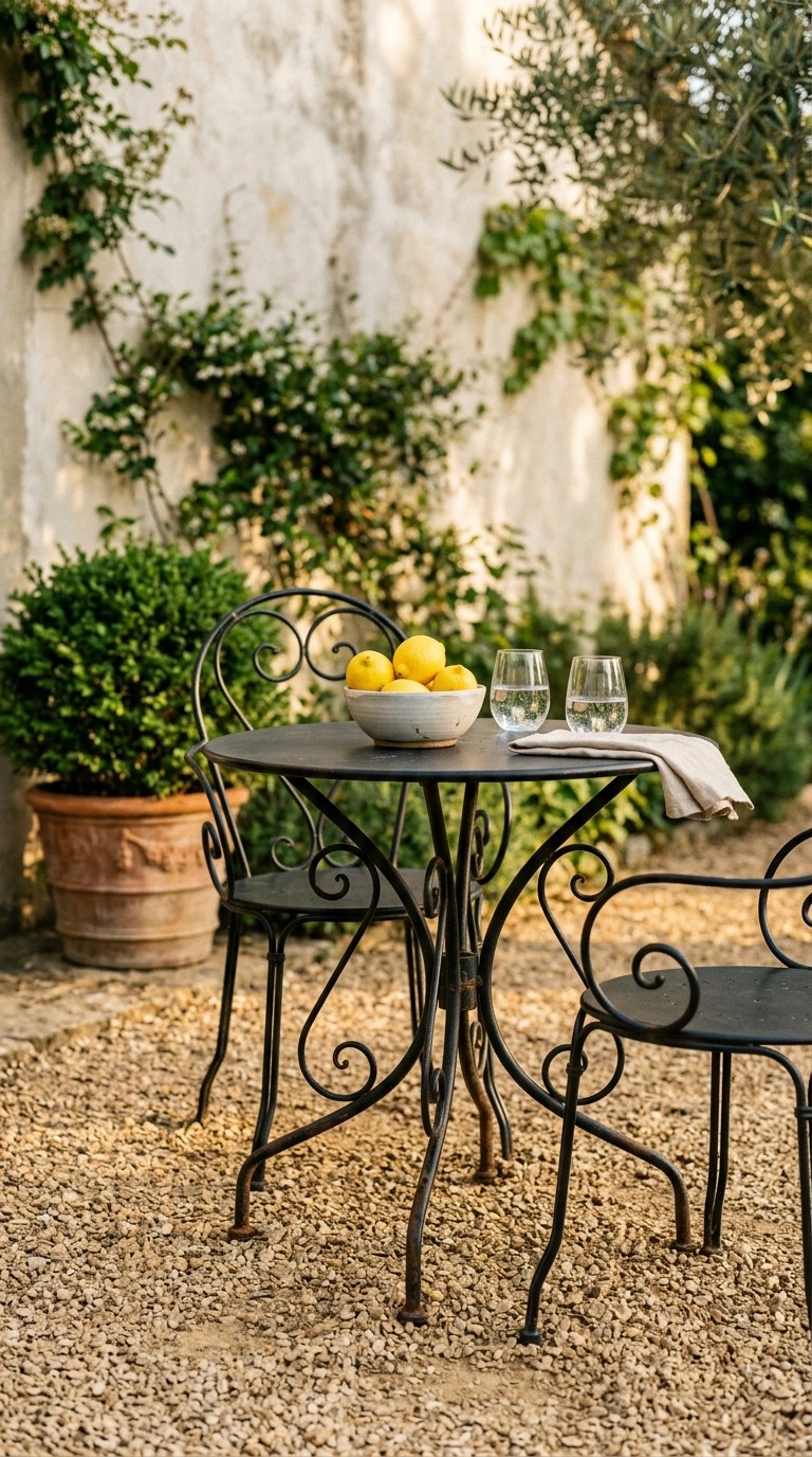 Black wrought iron bistro table and two chairs on gravel with a bowl of lemons