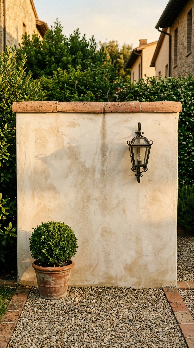 Cream limewashed stucco garden wall with terracotta cap and a black iron lantern
