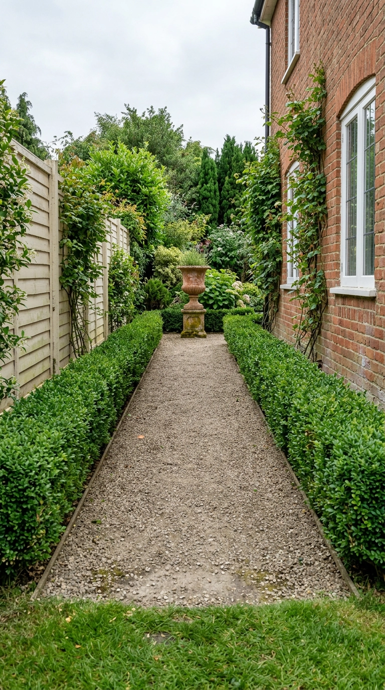 Straight gravel path down a narrow side yard ending at a stone urn on a plinth