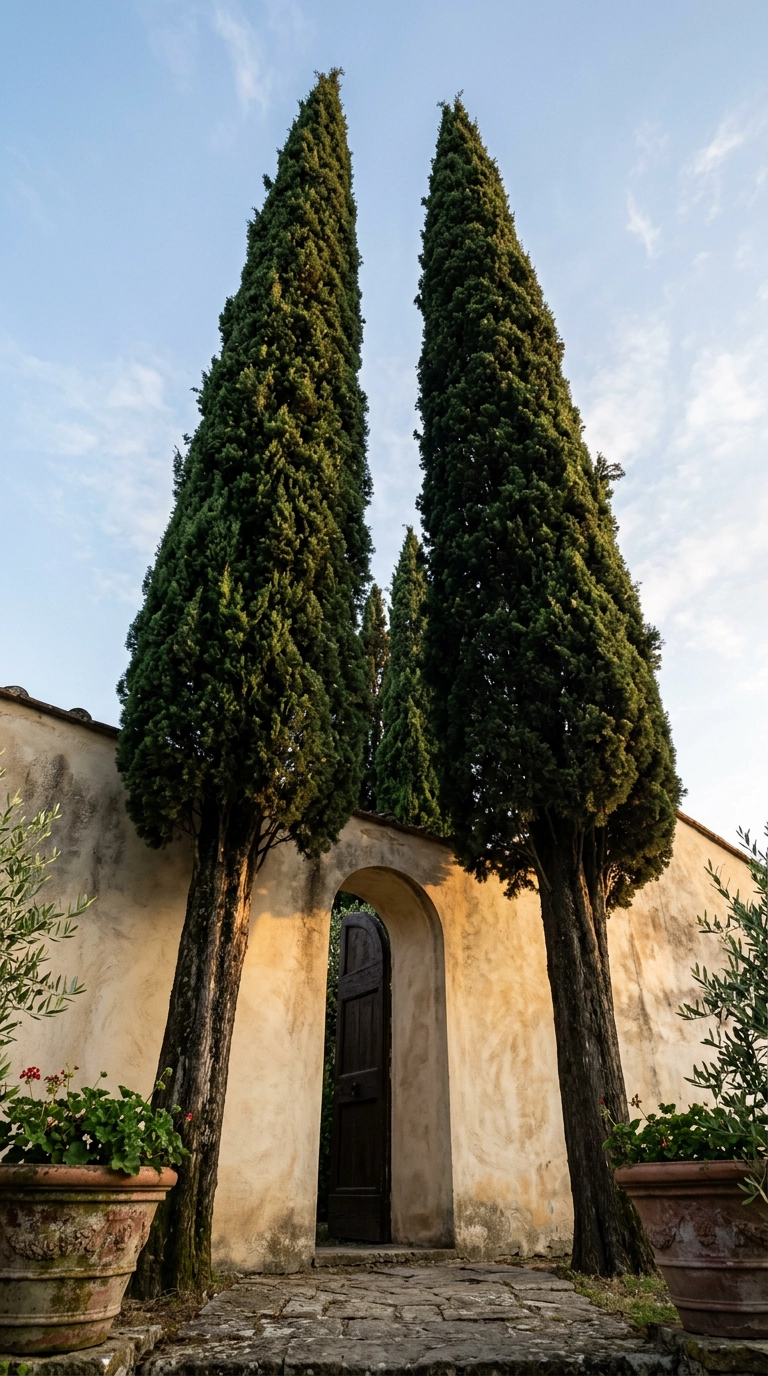 Low angle view up two Italian cypress trees flanking a limewashed stucco wall opening