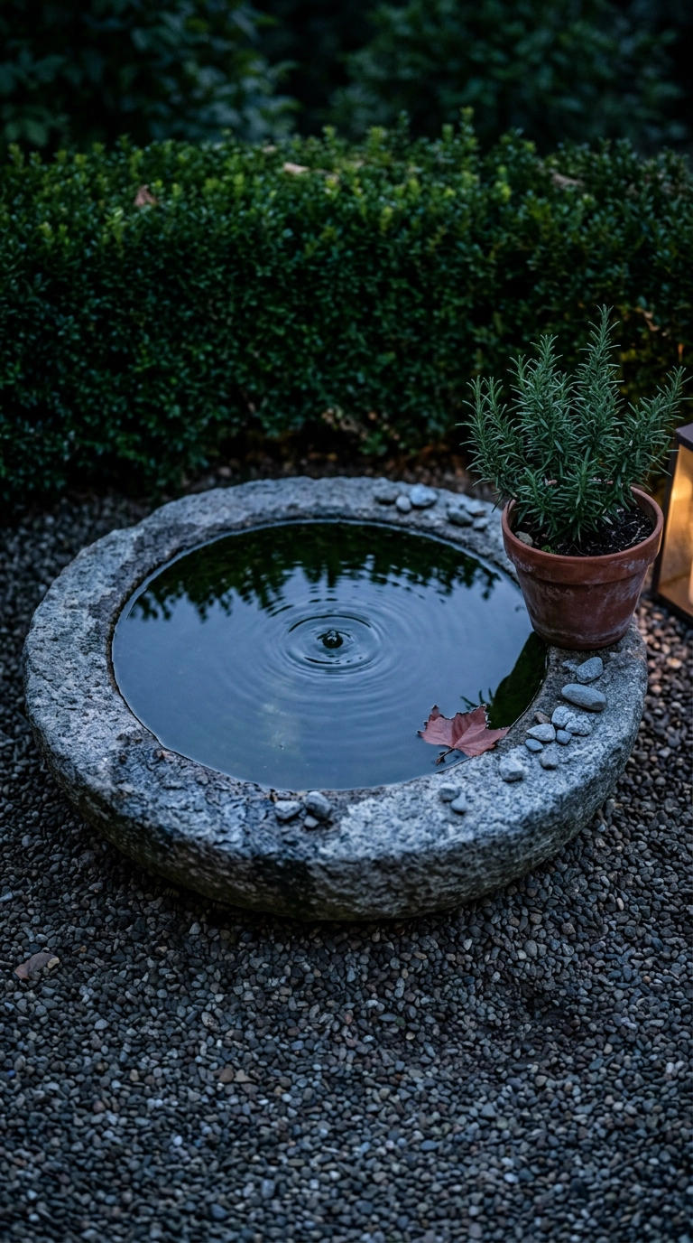 Low round stone basin with a gentle bubbler set into gravel beside a terracotta pot