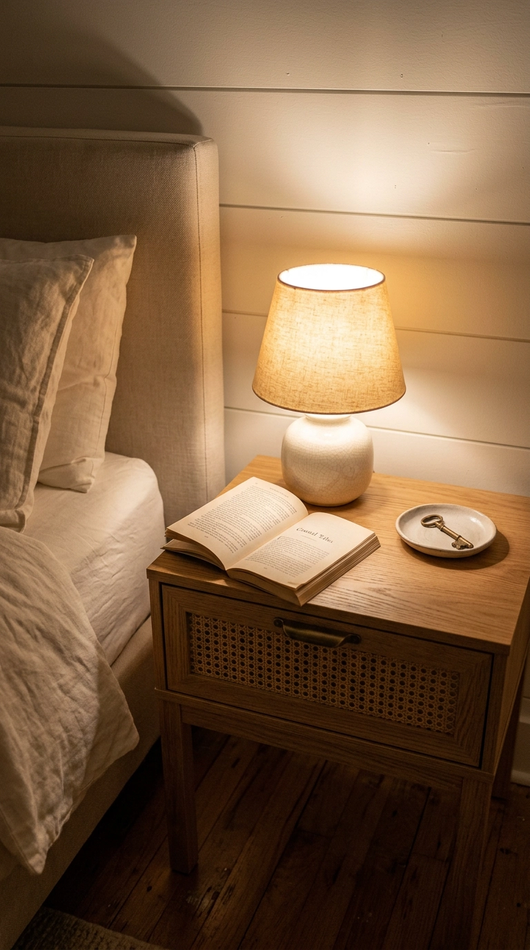 Ivory bedroom nightstand with cane webbing drawers and a warm bedside lamp