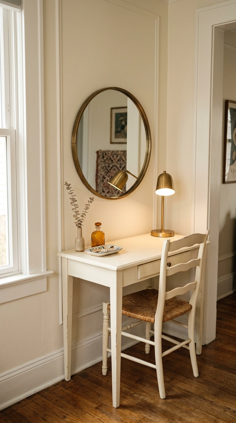Small ivory vanity with a round brass mirror in the corner of a bedroom