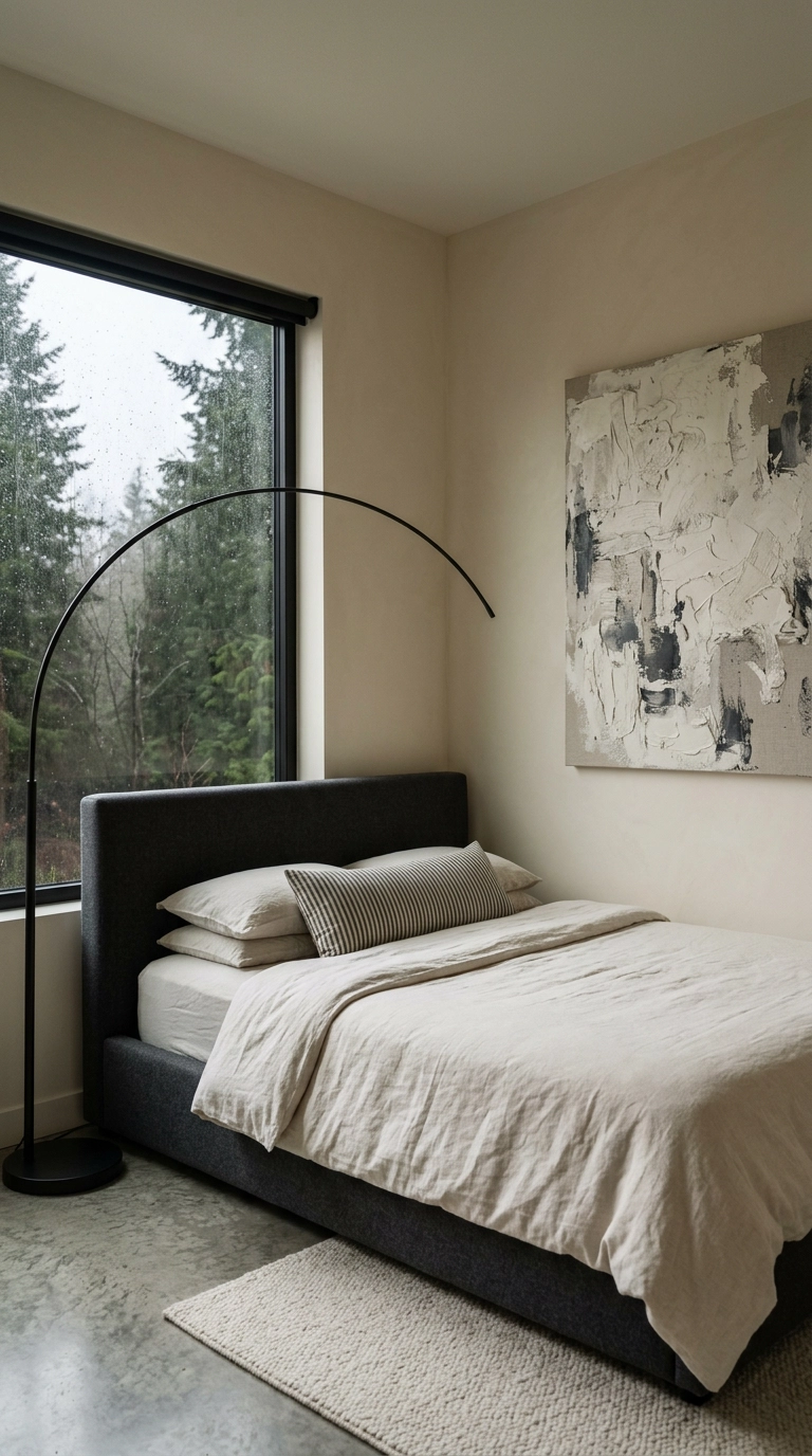 Ivory bedroom with a charcoal gray upholstered platform bed and abstract canvas