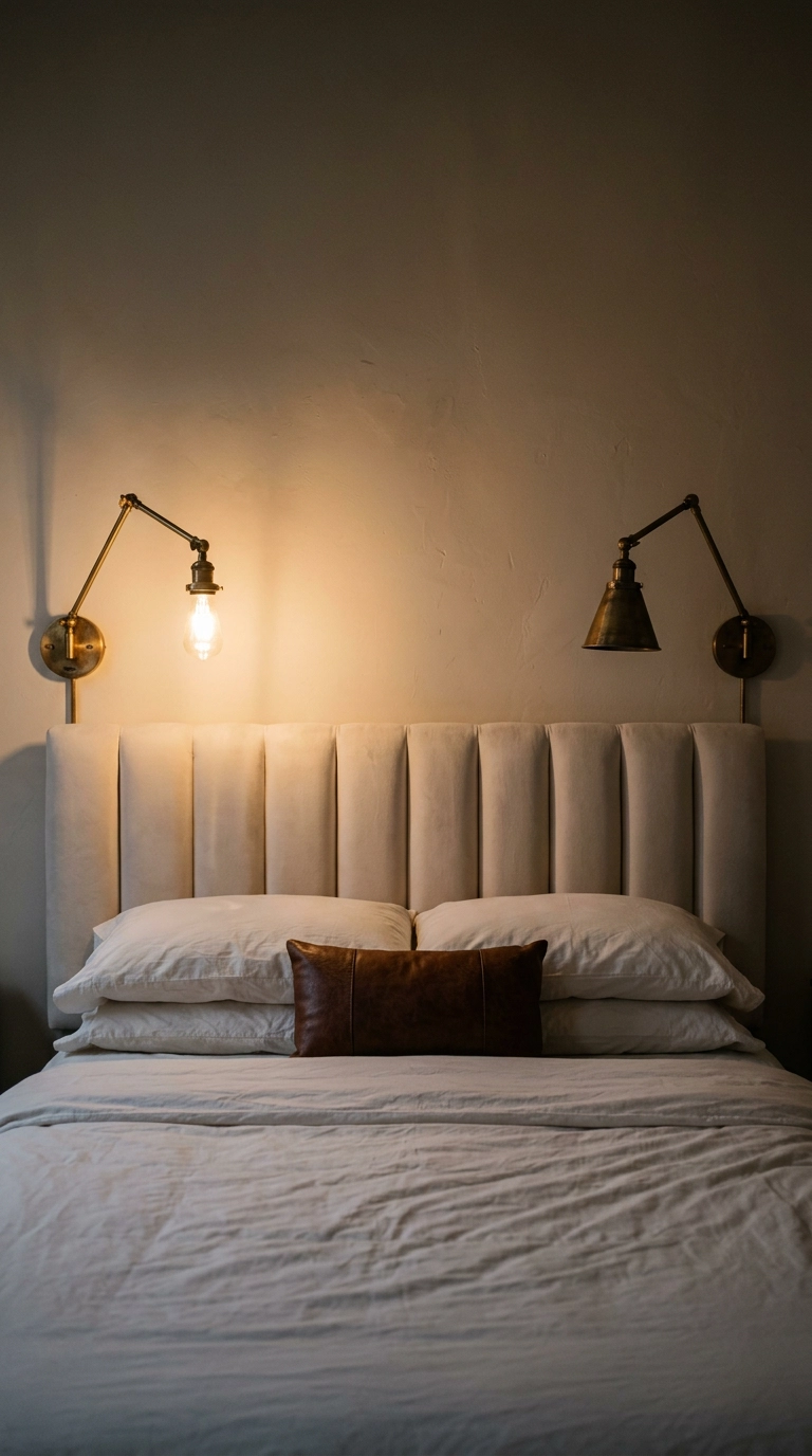 Brass swing-arm sconces flanking a tufted ivory headboard at dusk
