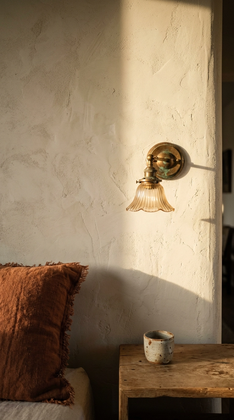 Close-up of ivory limewash plaster wall with a brass sconce and warm raking light