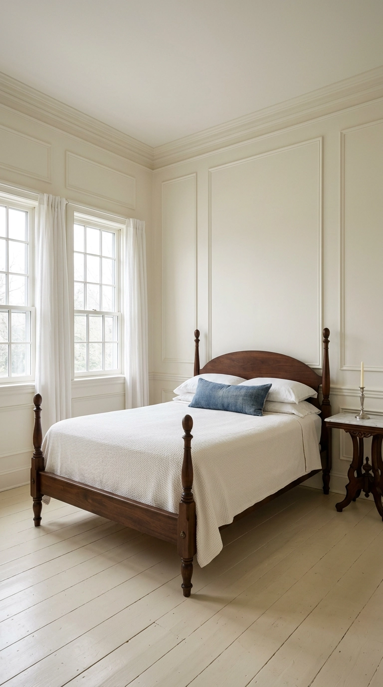 Ivory bedroom with applied picture-frame molding panels on the walls