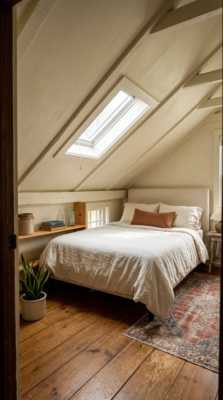 Sloped-ceiling attic bedroom painted ivory with a skylight above the bed