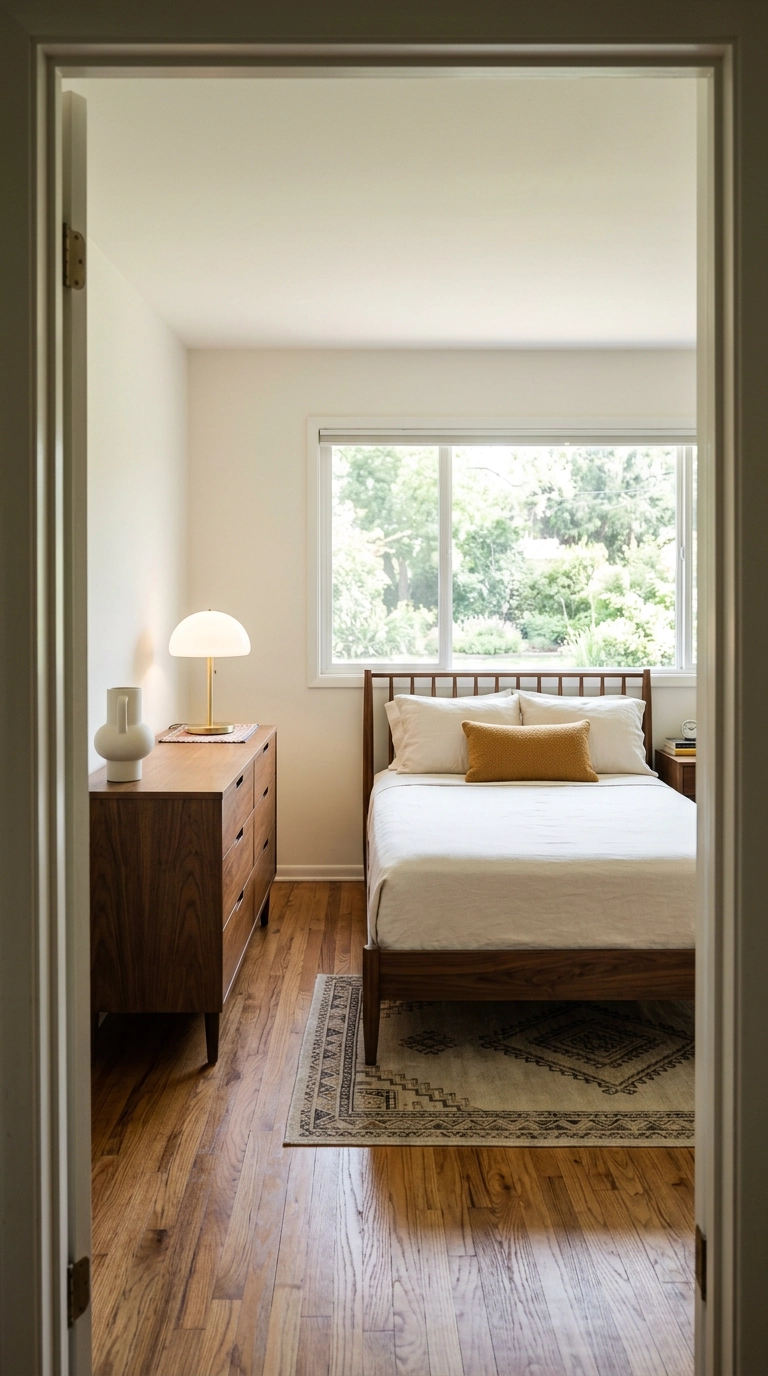 Mid-century ivory bedroom with a low walnut bed frame and walnut dresser