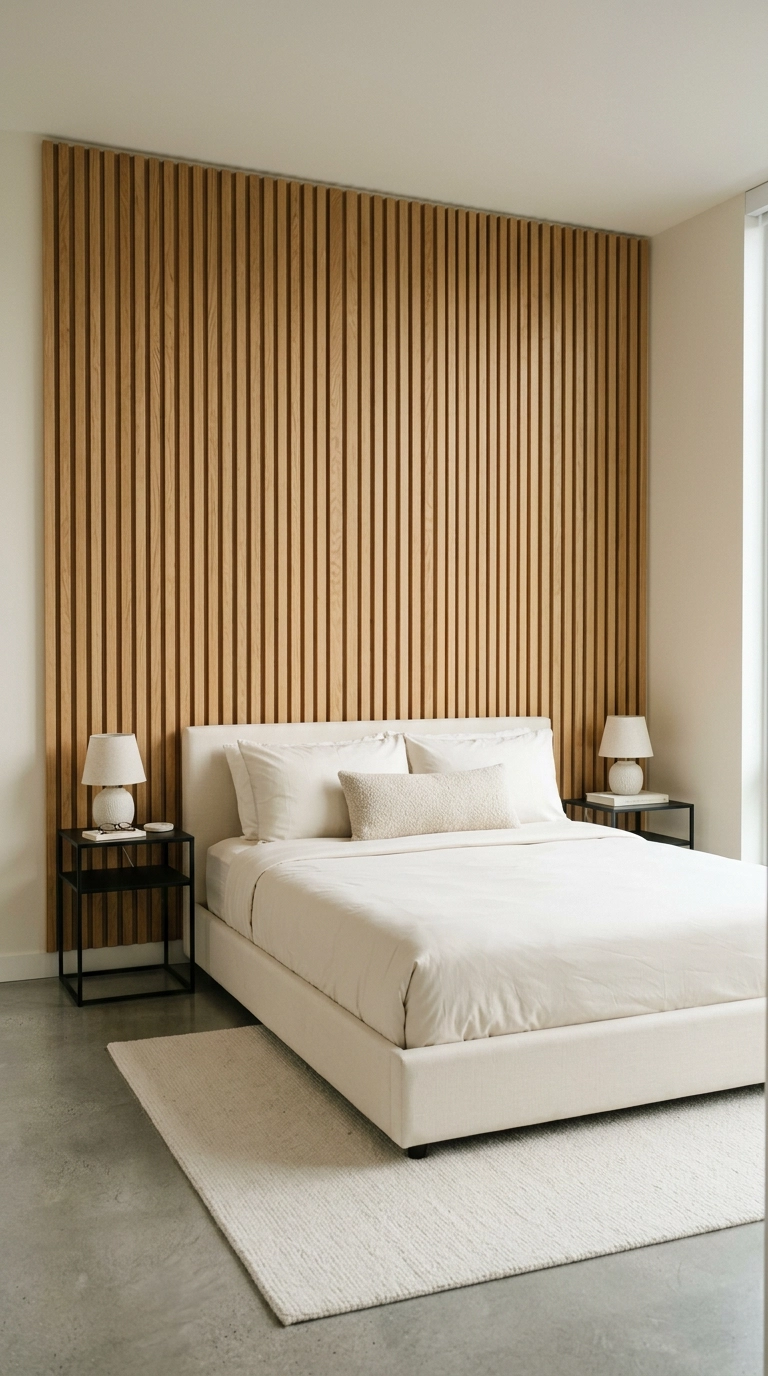 Vertical white oak slat accent wall behind a low ivory platform bed