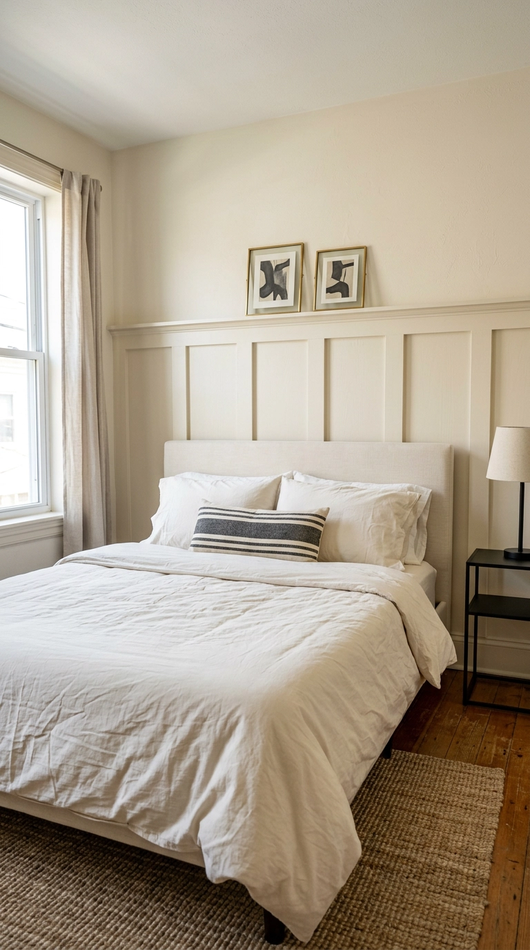 Ivory bedroom with half-height board and batten wall molding behind the bed