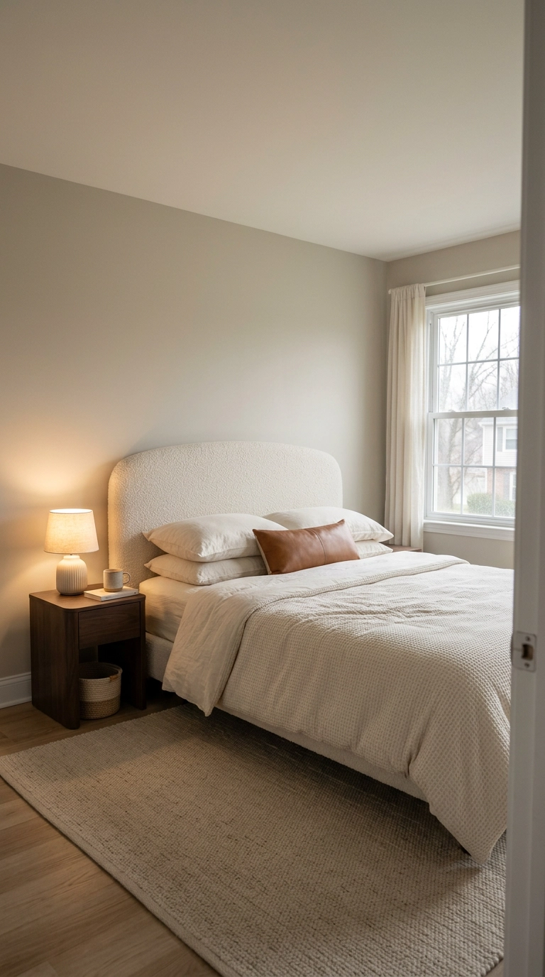 Curved ivory boucle headboard with espresso wood nightstands in a suburban bedroom