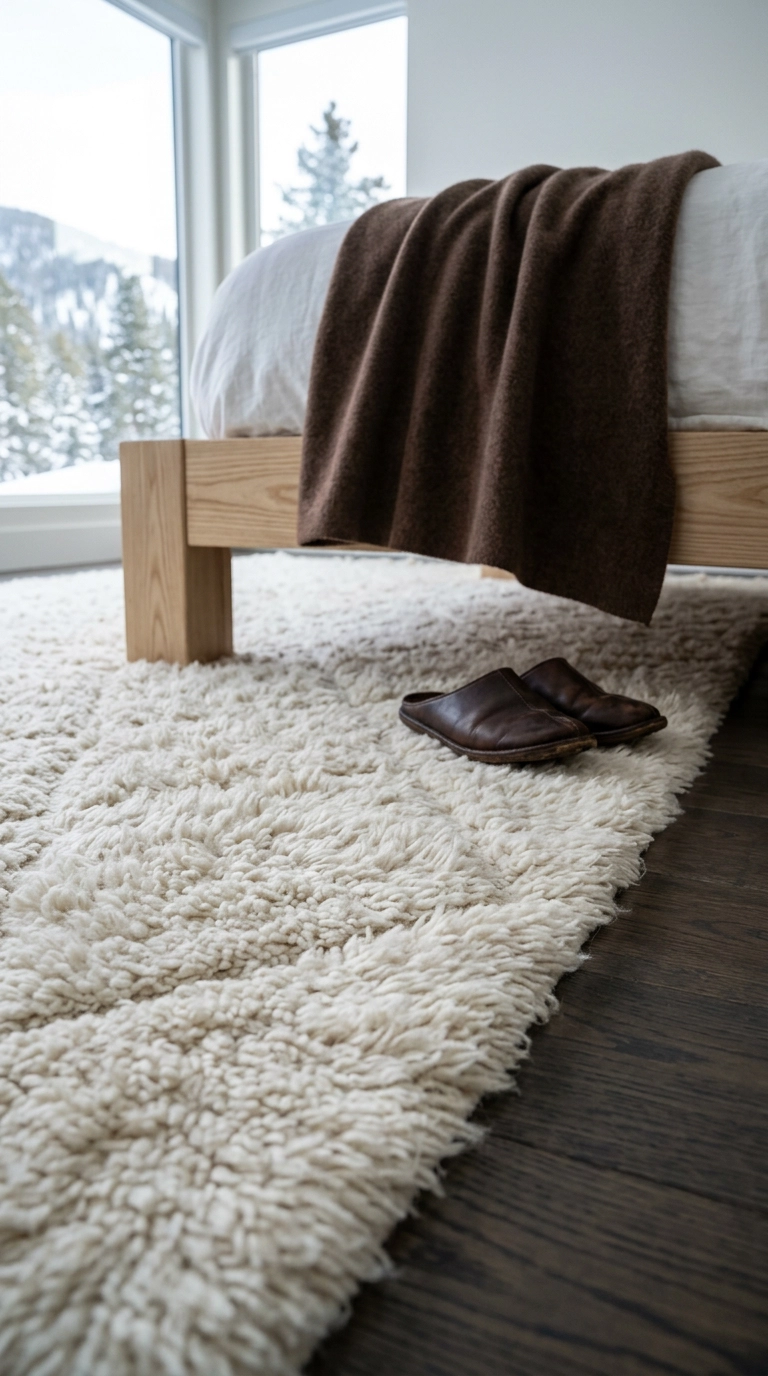 Thick high-pile ivory wool rug covering the floor beneath a low bed