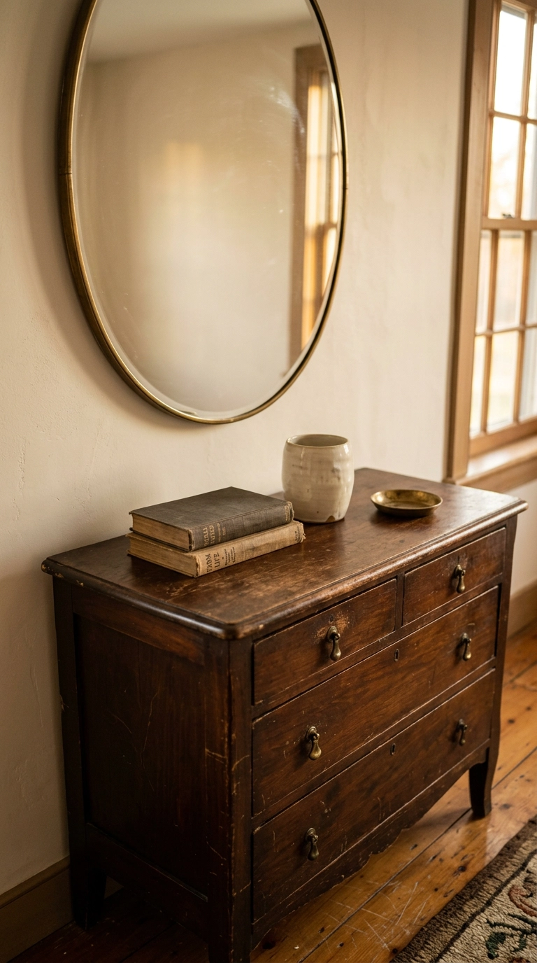 Antique brown dresser with aged brass pulls against an ivory bedroom wall