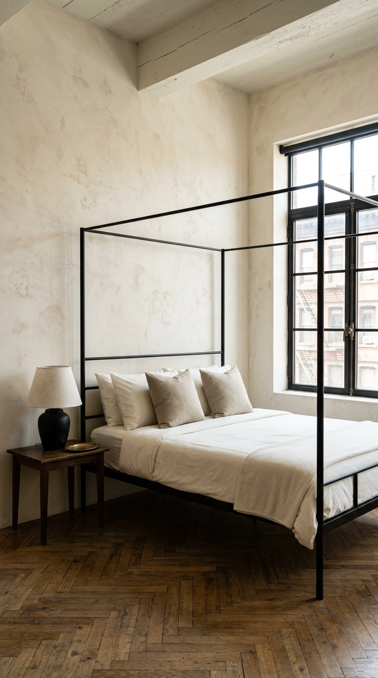 Ivory bedroom with black iron four-poster bed and black steel casement window
