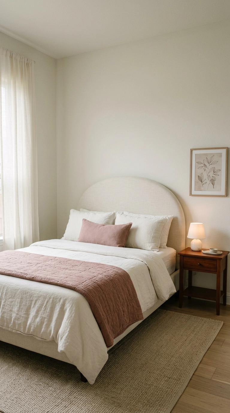 Ivory bedroom with a dusty rose linen quilt and arched upholstered headboard