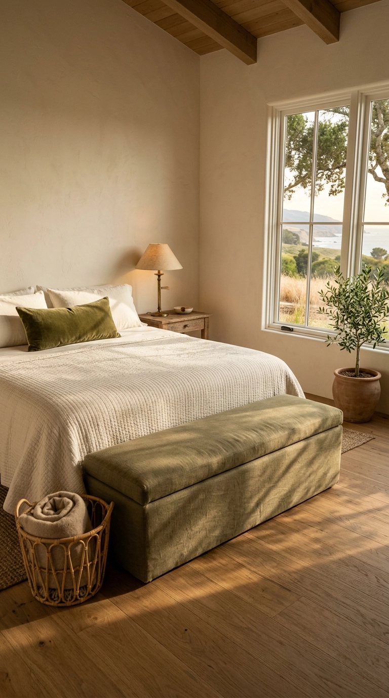 Ivory bedroom with an olive green upholstered bench at the foot of the bed