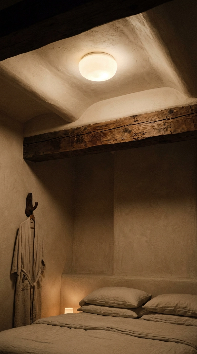 Ivory plaster dome ceiling light and exposed wood beam in an adobe-style bedroom