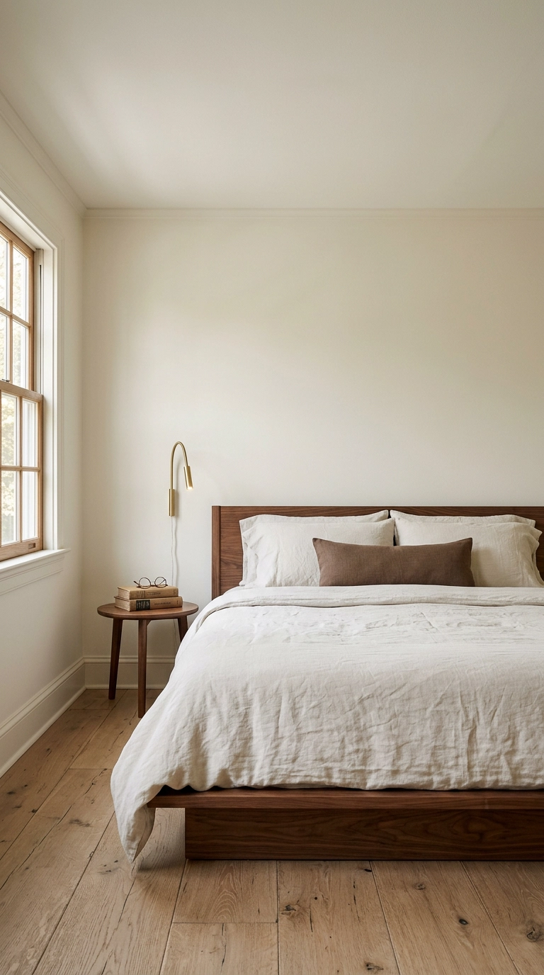 Ivory bedroom with walls, trim and ceiling painted the same soft ivory and a walnut platform bed