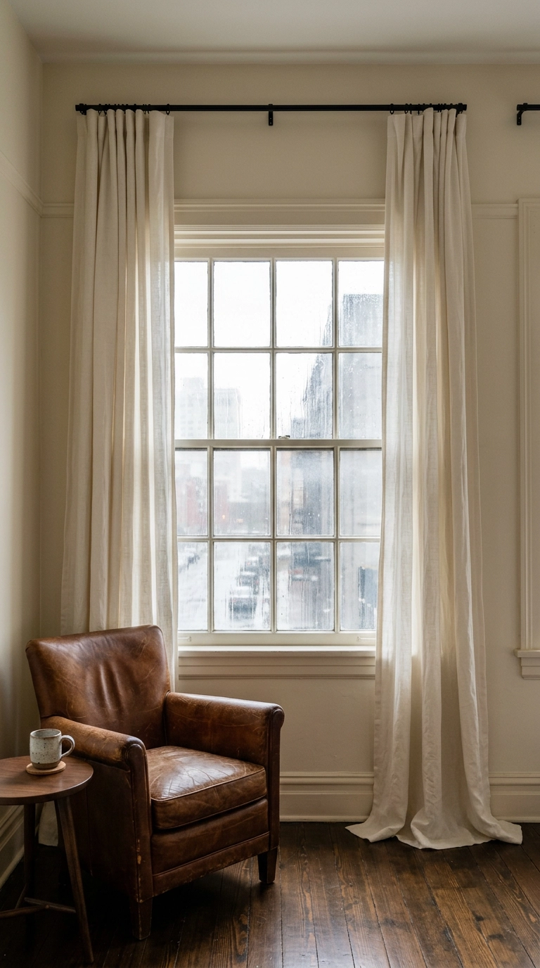 Floor-length ivory linen curtains hung high near the ceiling in a vintage apartment bedroom