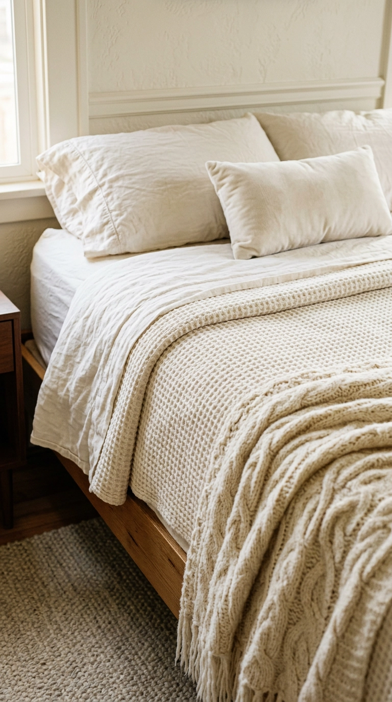Close-up of layered ivory linen, waffle weave, and cable knit bedding textures