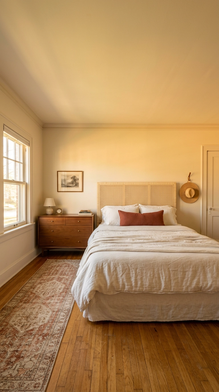 Ivory bedroom with the ceiling painted the same ivory as the walls at golden hour
