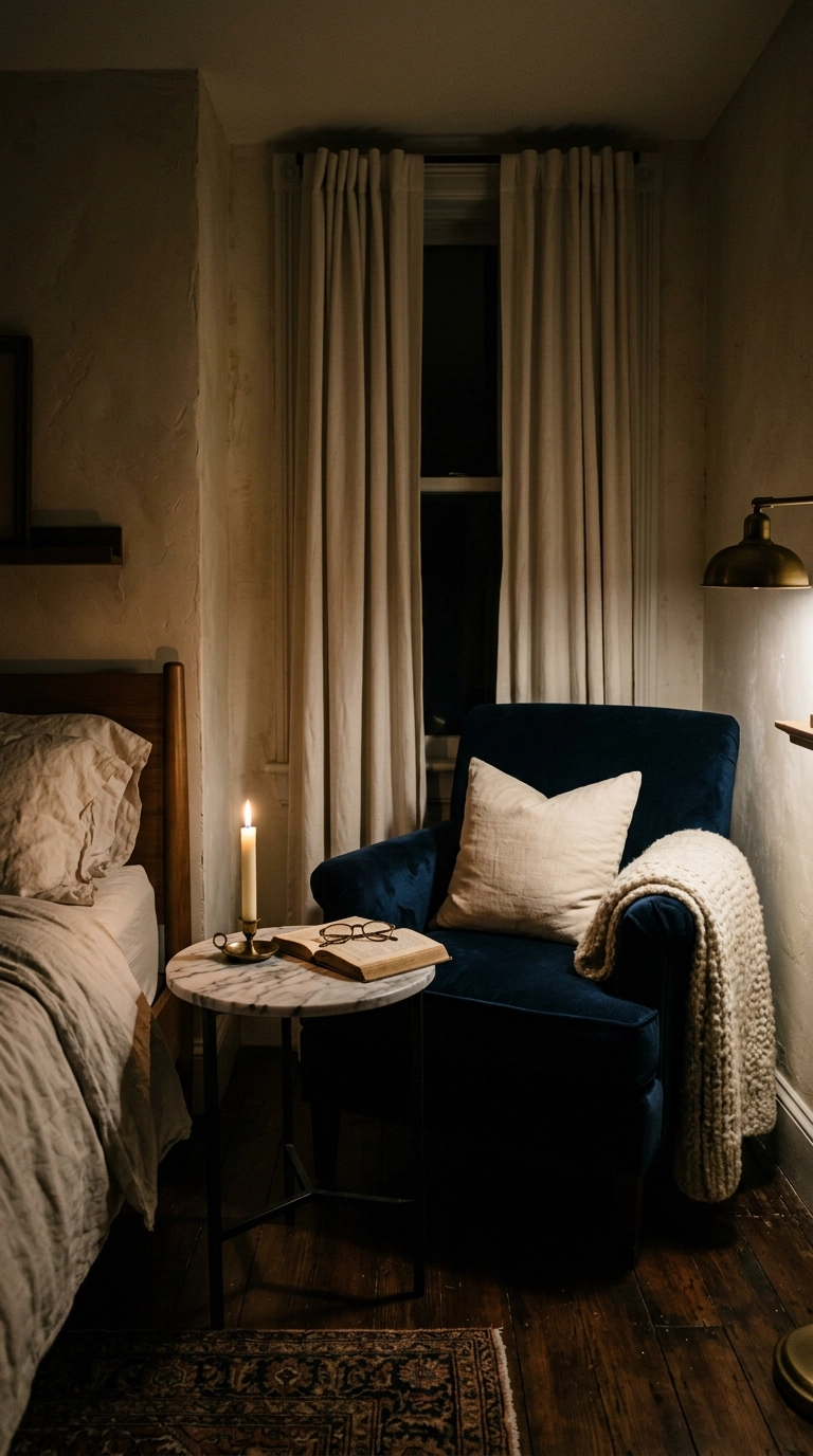 Navy velvet reading chair in the corner of an ivory bedroom lit by candlelight