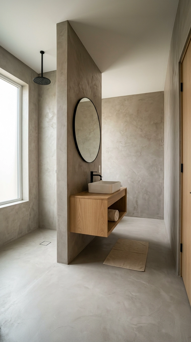 Seamless mushroom grey microcement walls and floor in a japandi bathroom