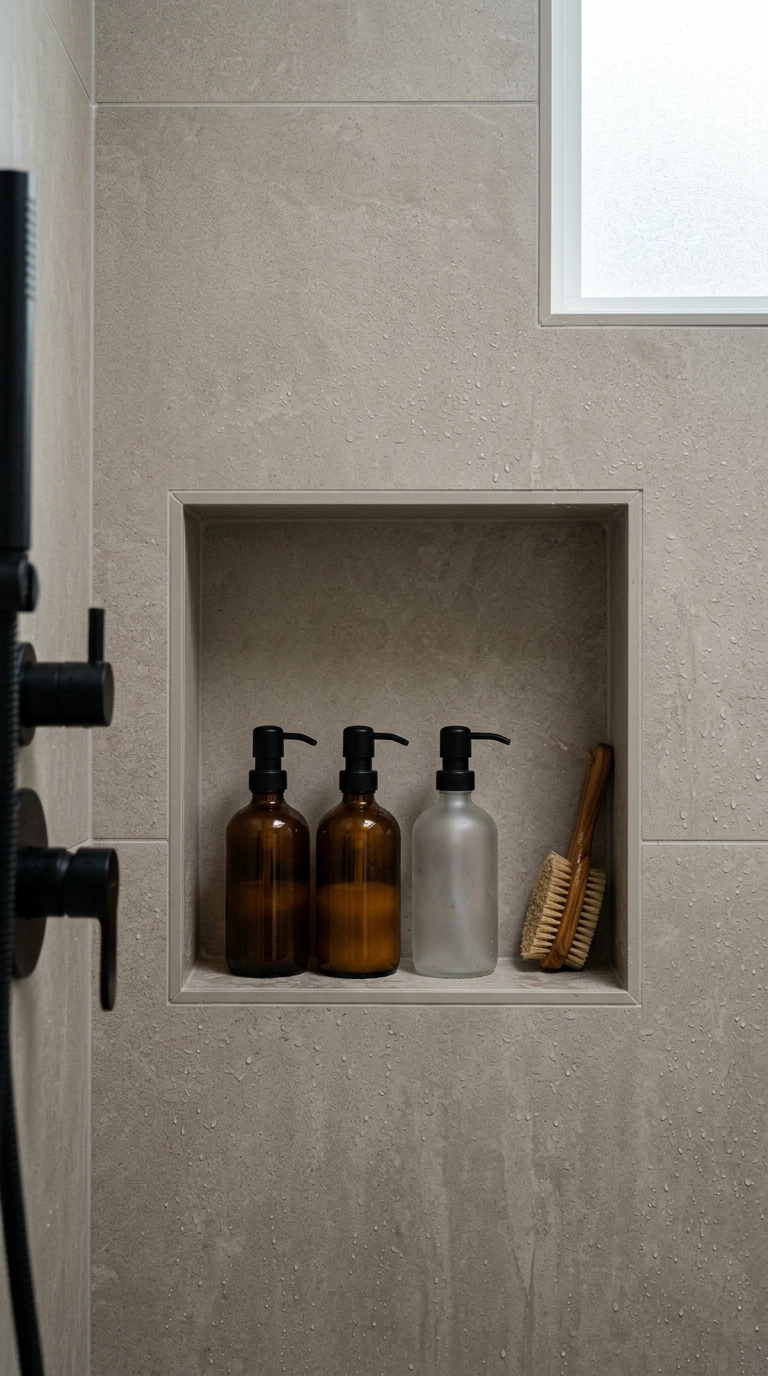 Recessed japandi shower niche with amber glass bottles and teak brush