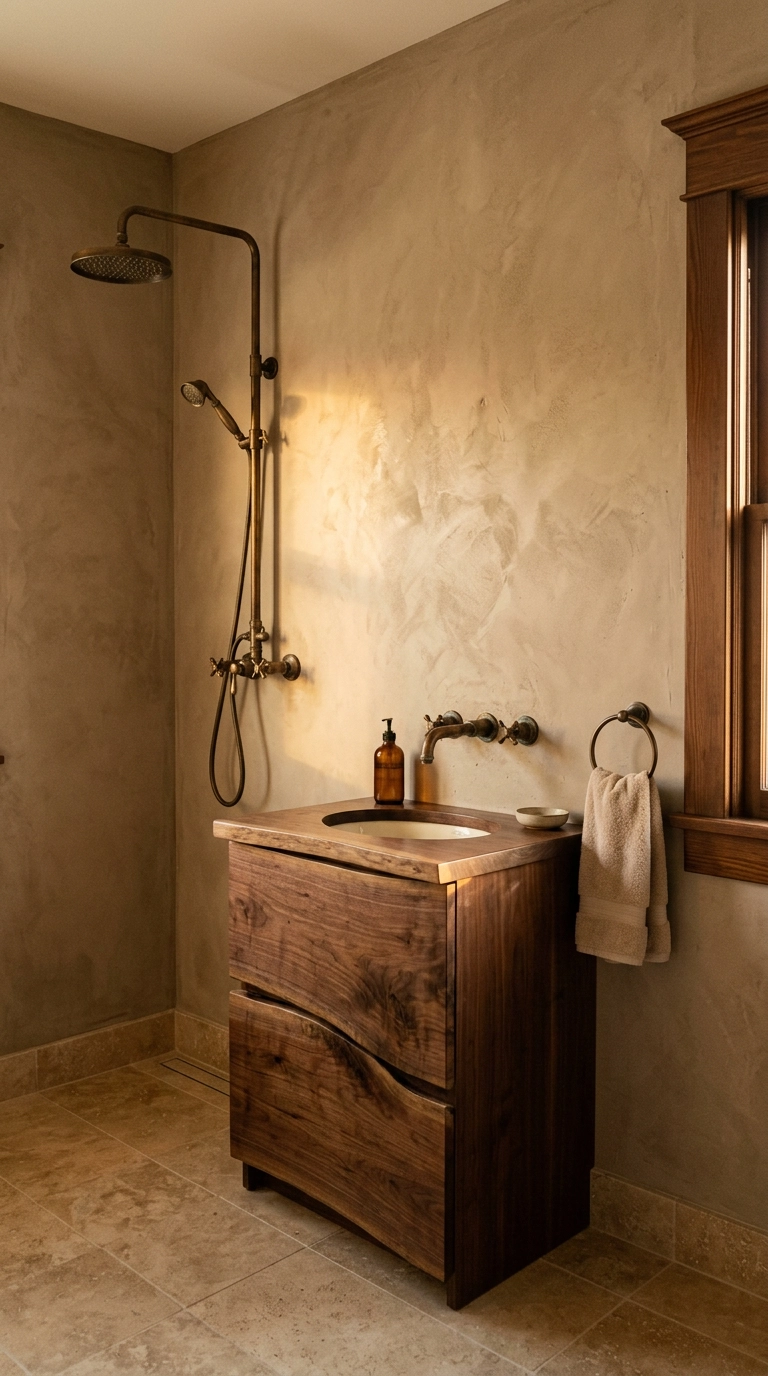 Aged bronze faucet and walnut vanity in a warm taupe japandi bathroom