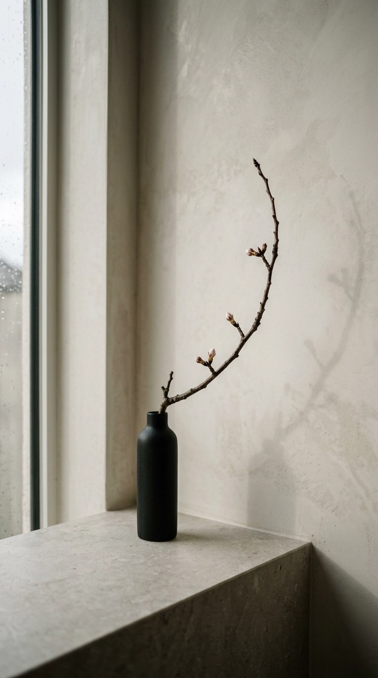 Single bare cherry branch in a black bud vase on a bare japandi bathroom counter
