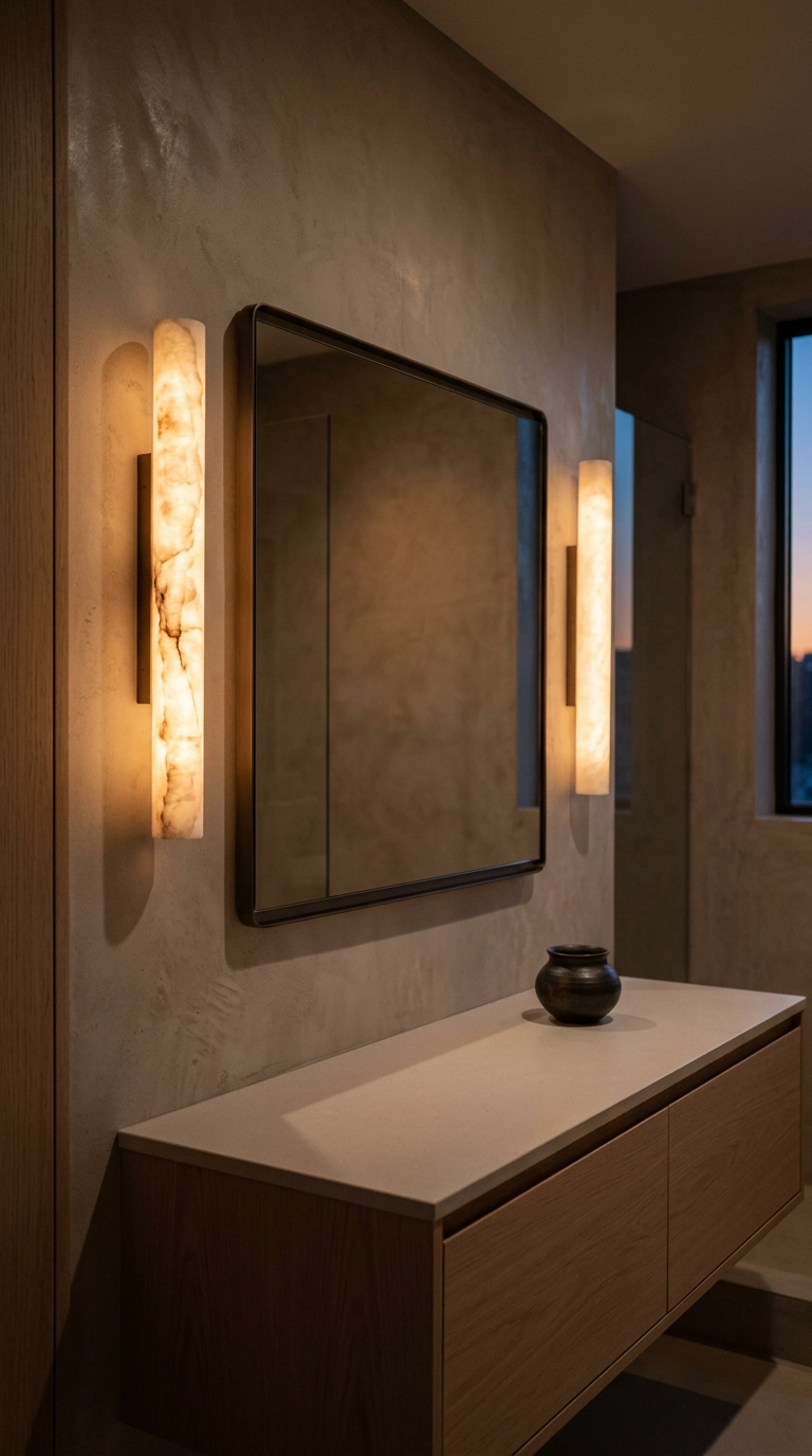 Warm 2700K alabaster sconces beside a frameless mirror in a japandi bathroom