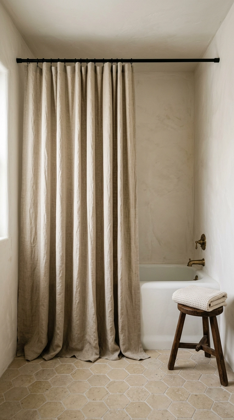 Floor-length flax linen shower curtain on a high-mounted black rod in a japandi bathroom