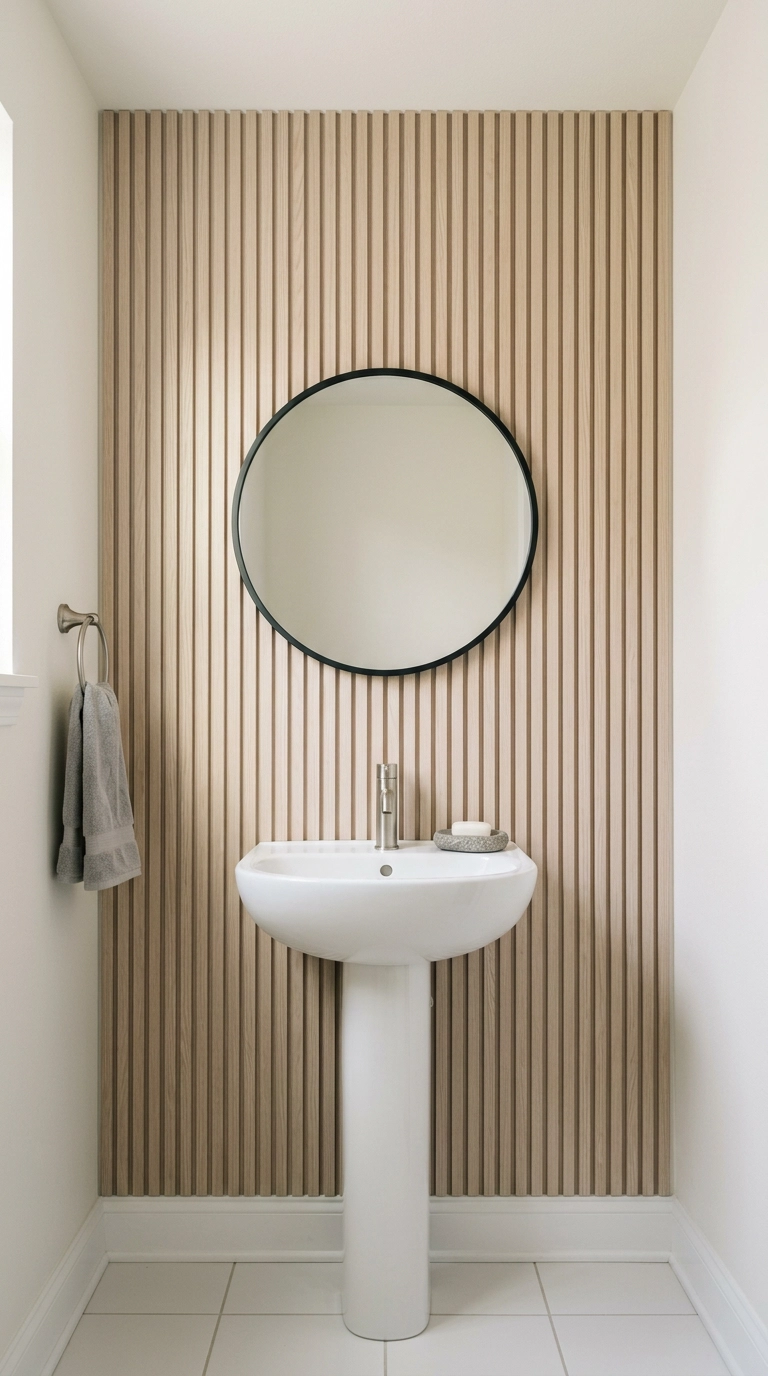 Pale ash wood slat accent wall behind a pedestal sink in a rental japandi bathroom