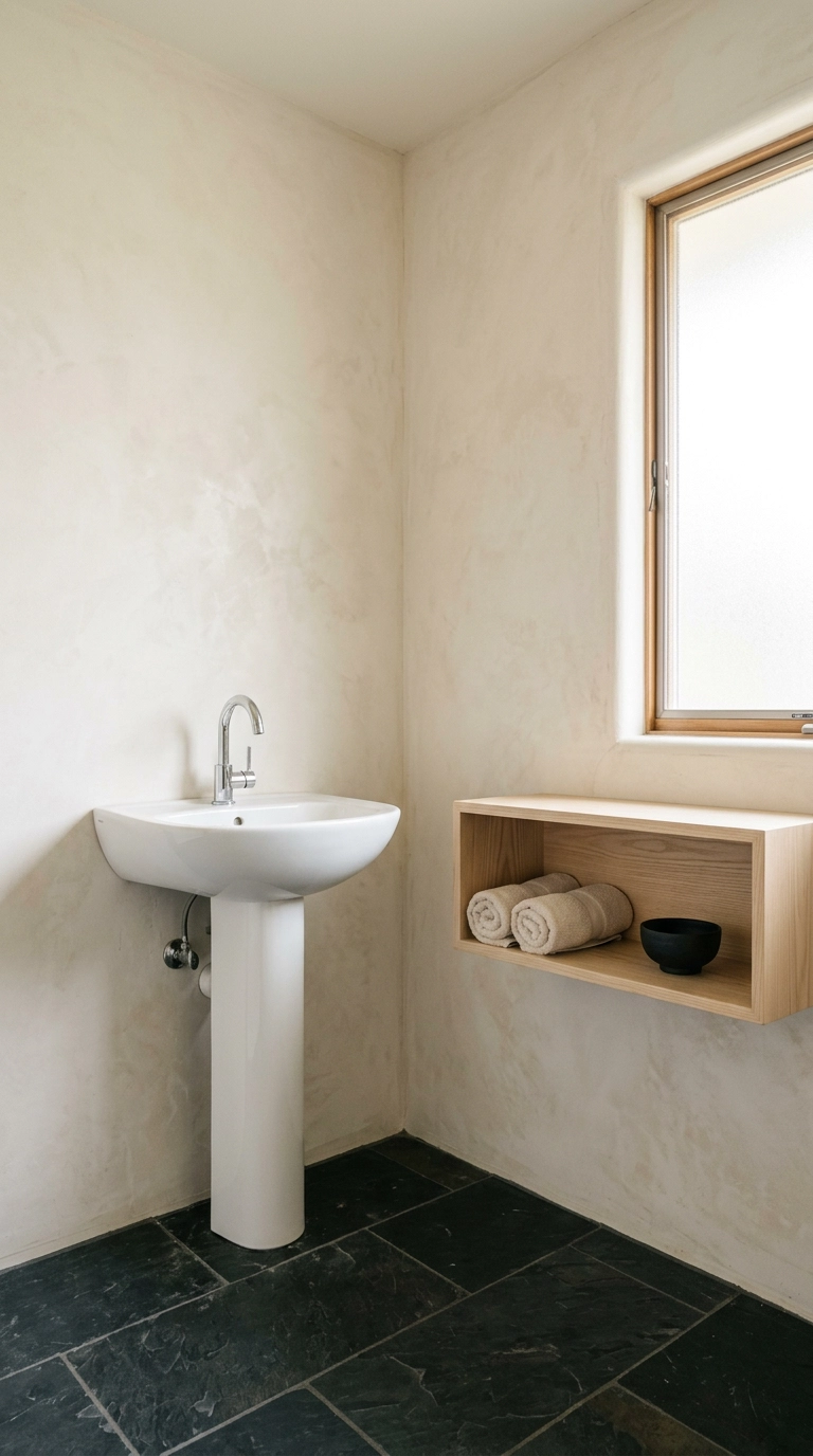 Japandi bathroom with off-white plaster walls, charcoal slate floor and pale ash shelf