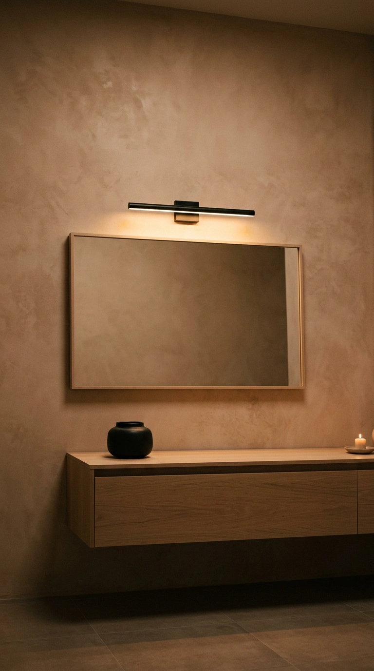 Wide low frameless mirror with bare wall above it in a japandi bathroom