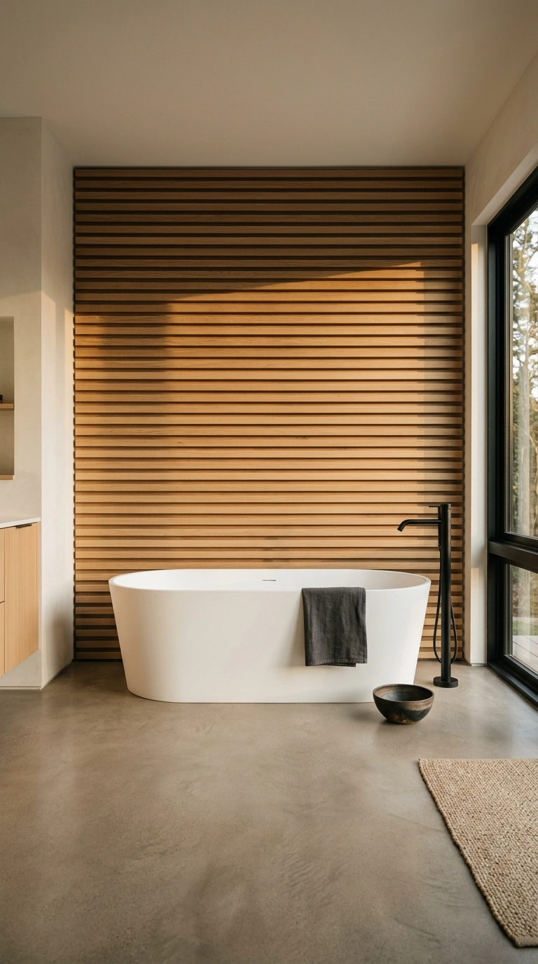 Full-height white oak slat wall behind a freestanding tub in a japandi bathroom