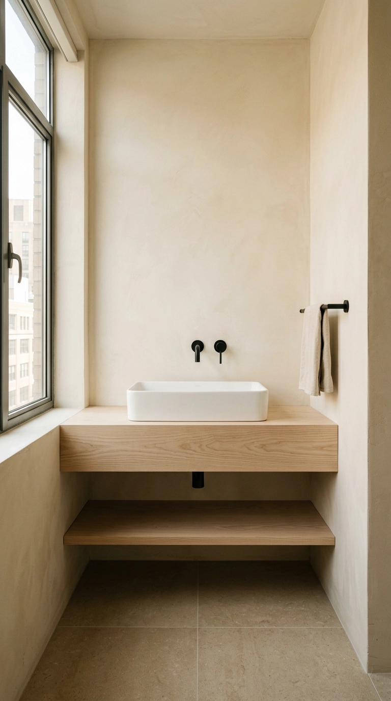 Matte black faucet and towel bar as the only dark accents in a pale japandi bathroom