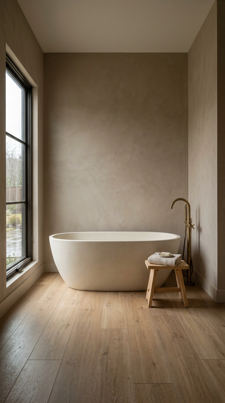 Deep cream soaking tub alone against a taupe plaster wall in a japandi bathroom