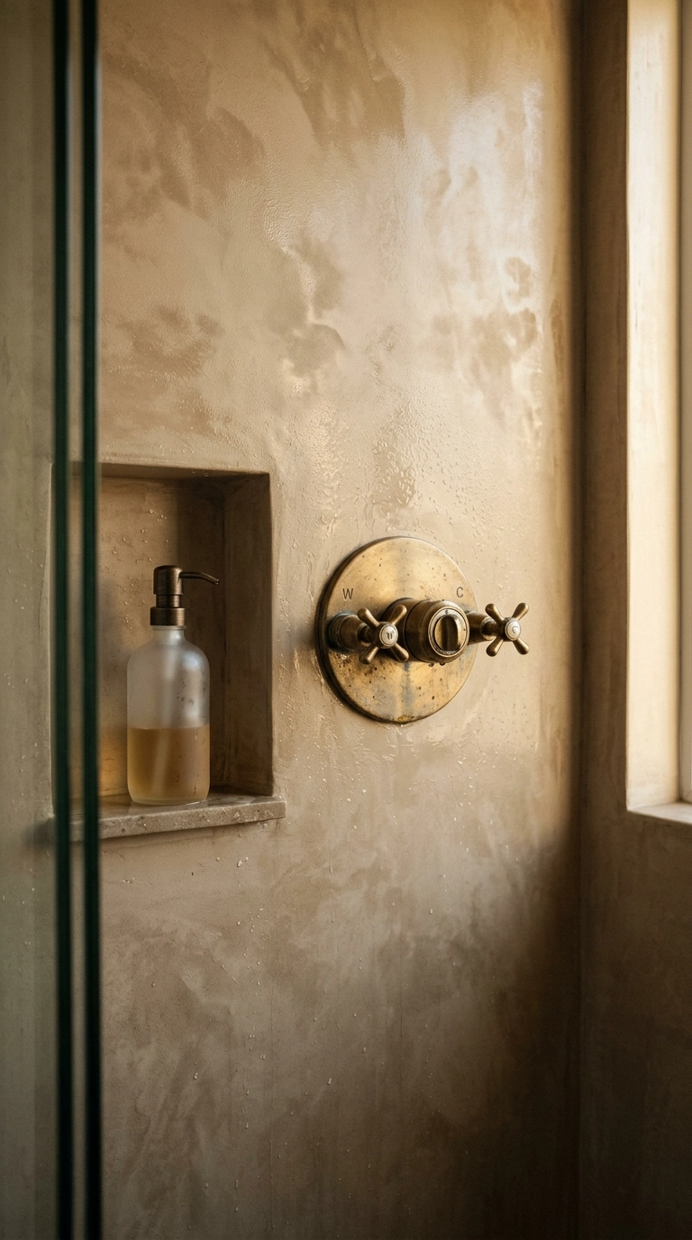 Sandy taupe tadelakt polished plaster shower wall with aged brass valve