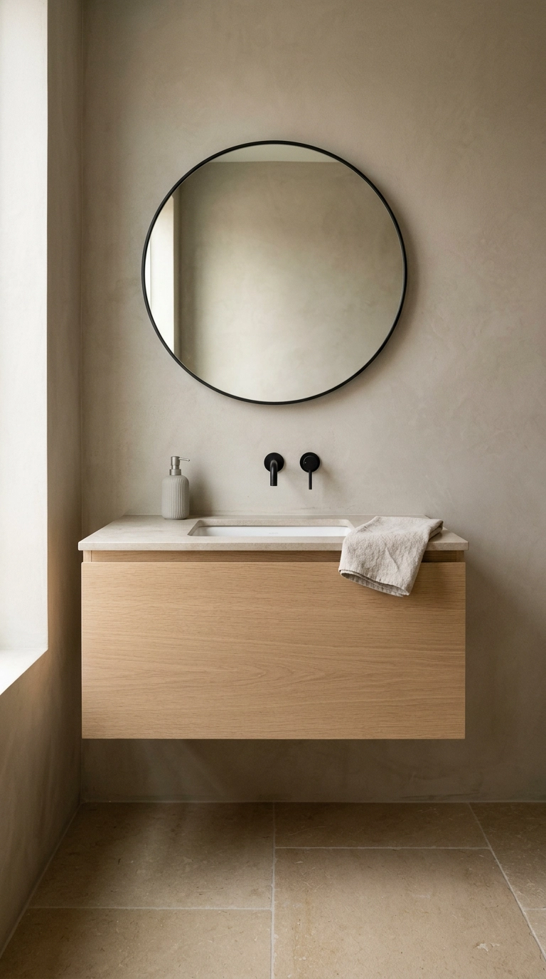 Floating white oak japandi vanity with visible floor tile and matte black faucet