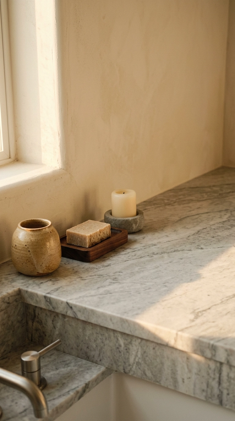 Japandi bathroom counter styled with only three objects on bare marble