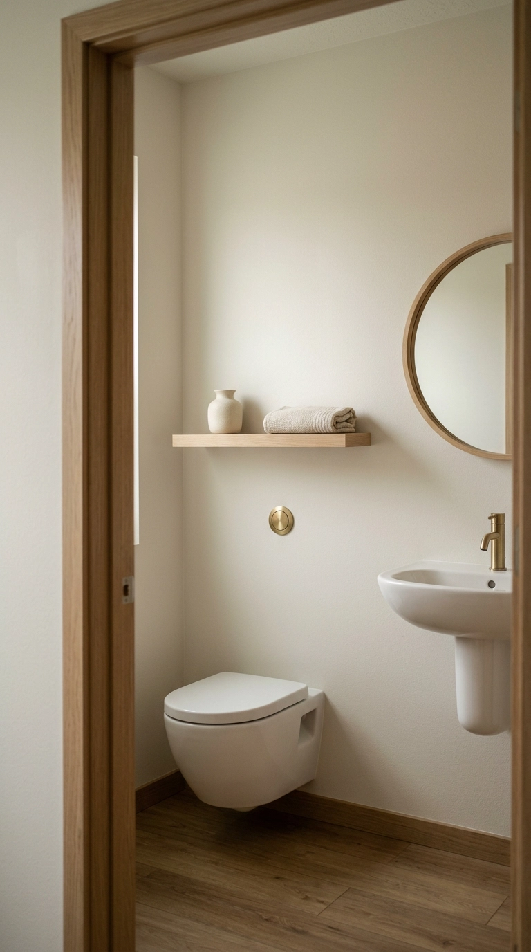 Warm off-white japandi powder room with oak shelf viewed through a doorway