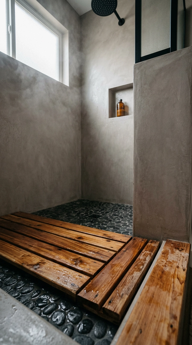 Cedar duckboard slat mat over charcoal pebble tile in a japandi walk-in shower