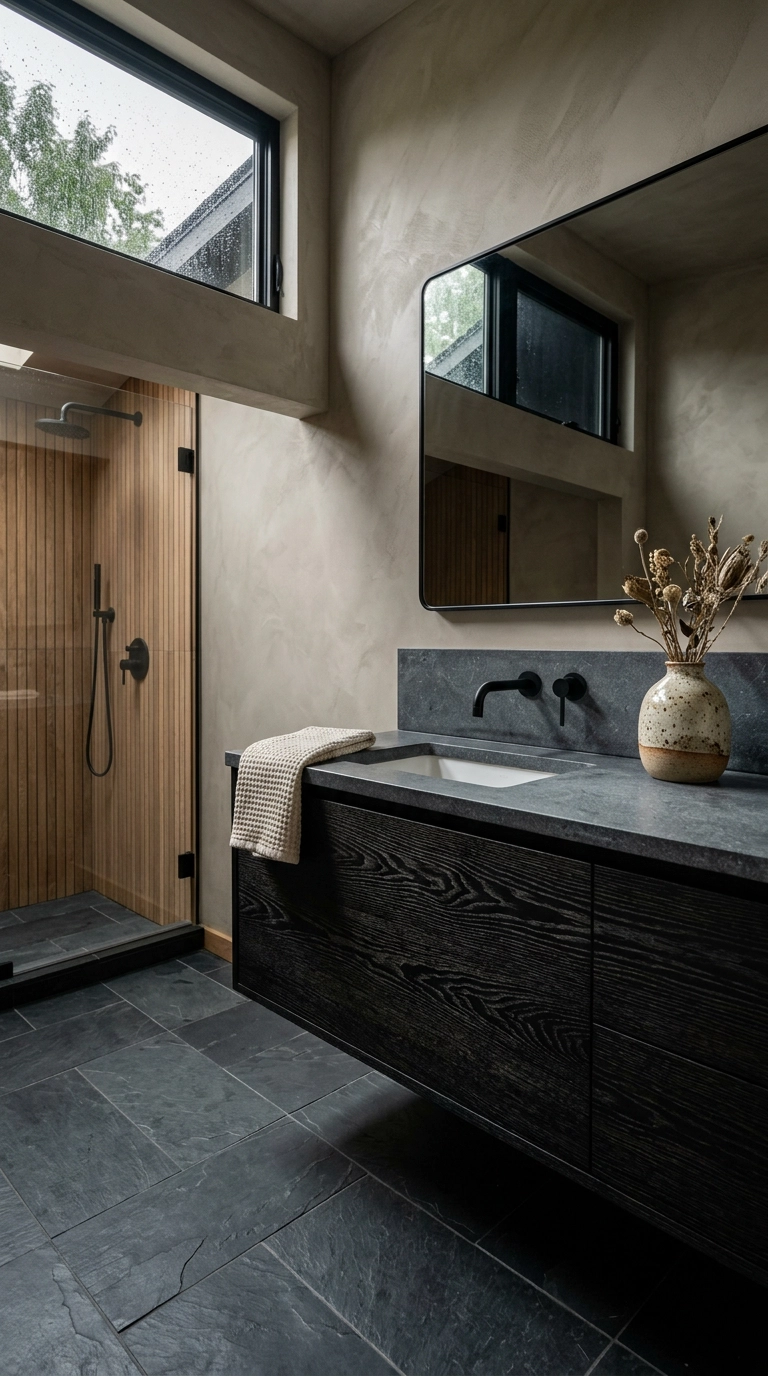 Japandi bathroom mixing rough plaster, near-black oak and cleft slate textures