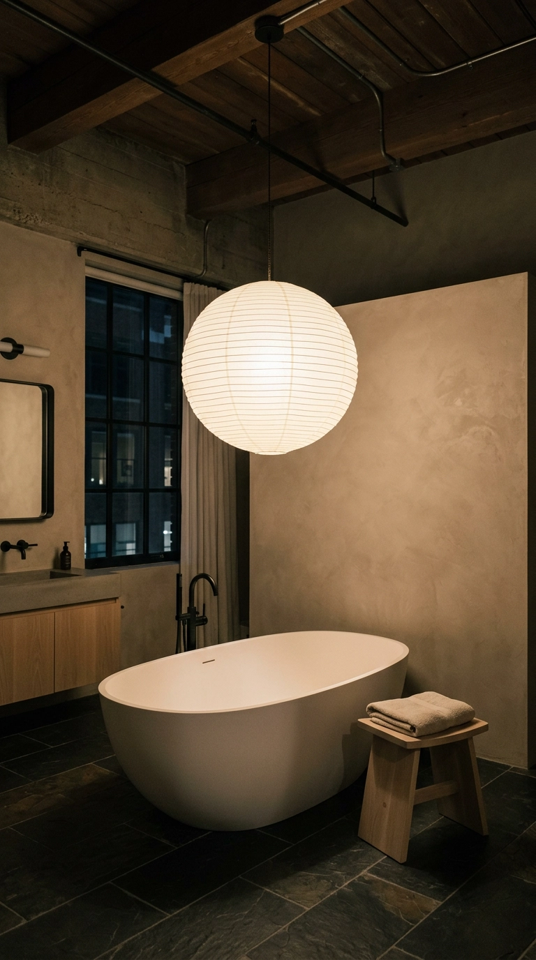 Ivory rice paper style pendant lantern above a freestanding tub in a japandi bathroom