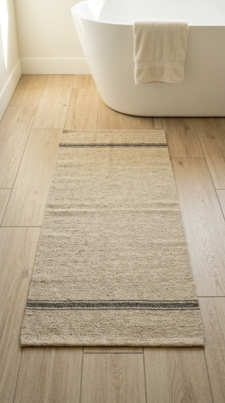 Oatmeal flatweave wool runner on wood-look tile in a japandi bathroom