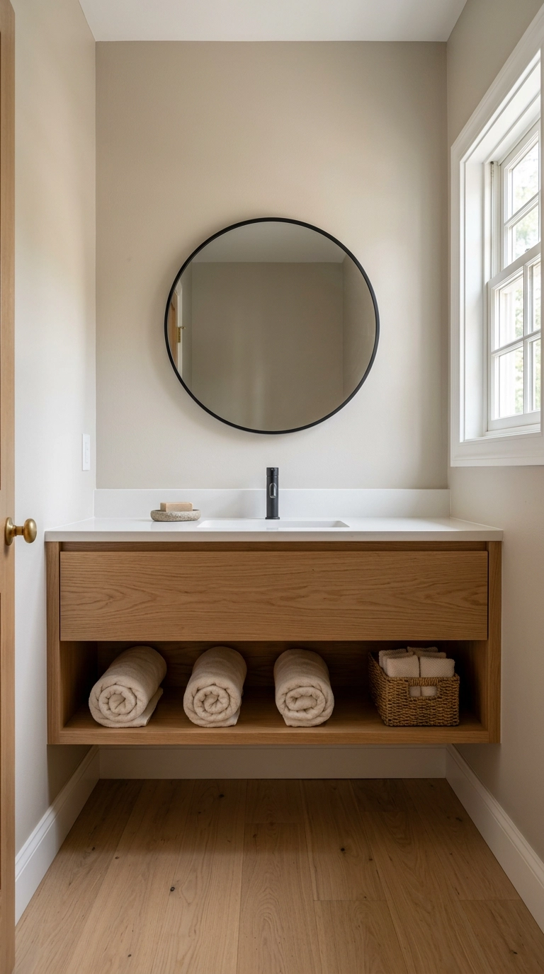 Open lower shelf on a japandi oak vanity with rolled towels and one basket