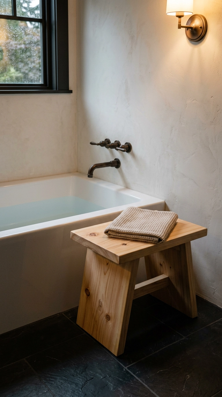 Hinoki cypress bath stool beside a soaking tub in a japandi bathroom